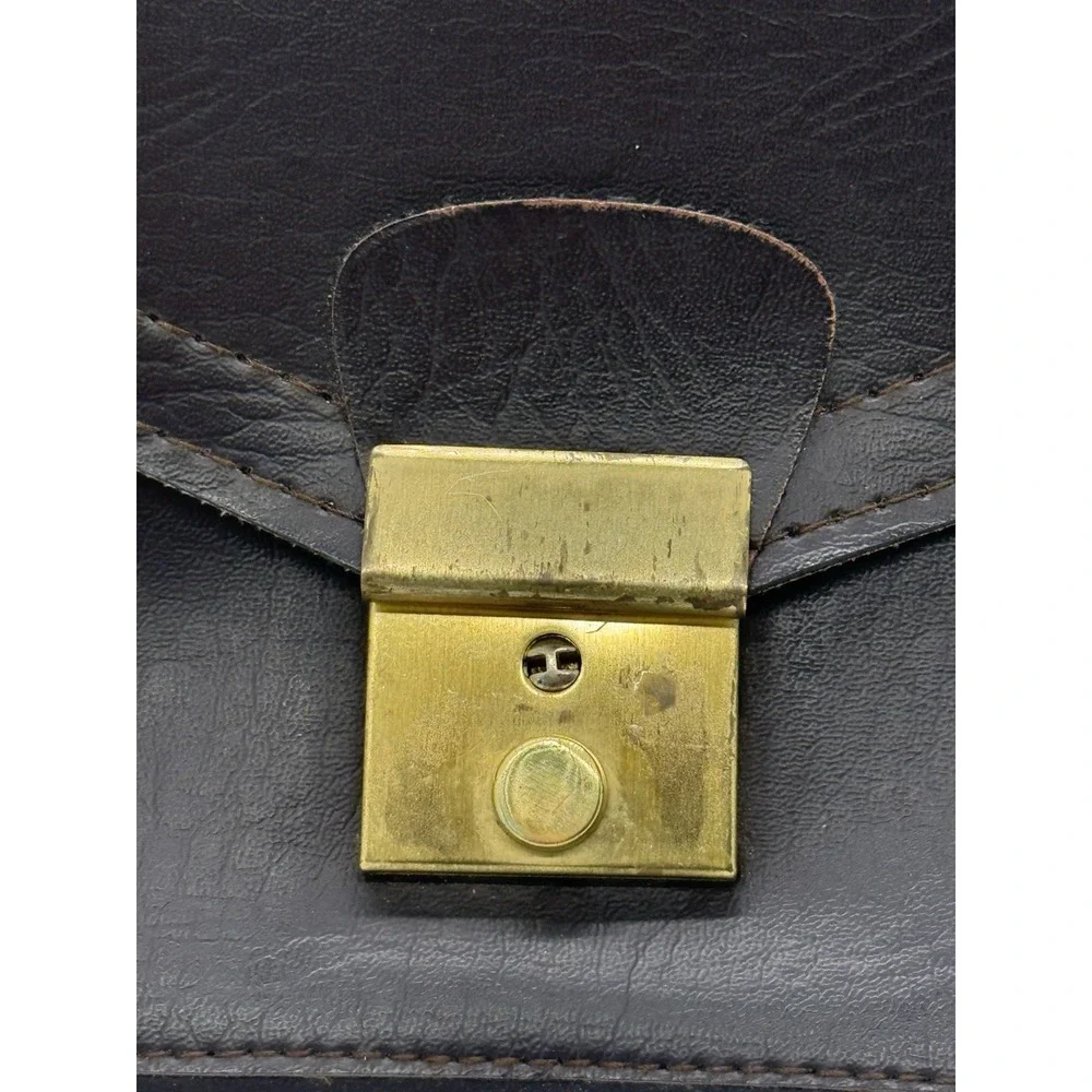 VTG Brown Leather Briefcase Gold Tone Lock & Key 12x8 Slim Portfolio Attache Bag